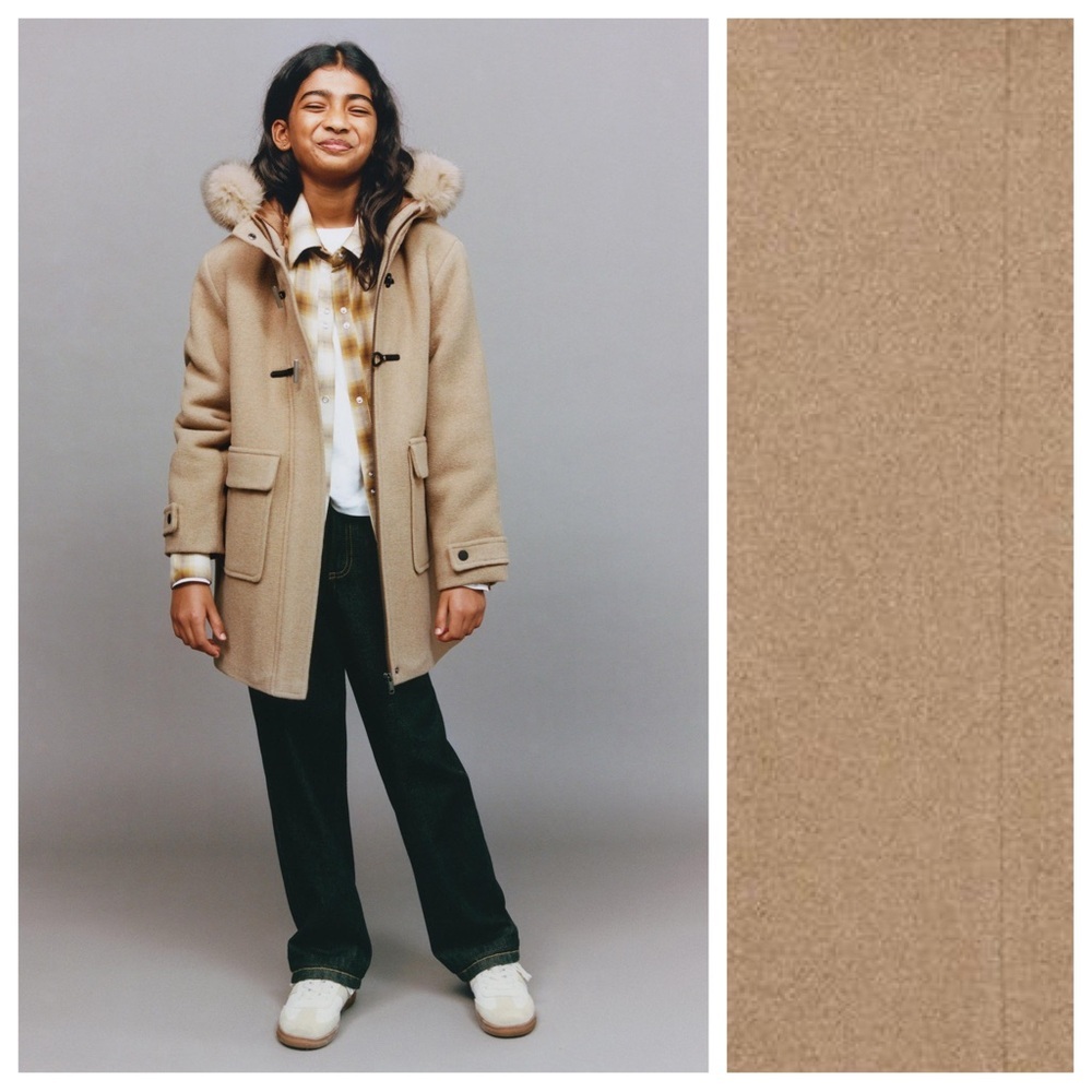 Zara Kids Light Brown Wool Blend Hooded Coat with Faux Fur Trim. Size 13-14. - Picture 1 of 12